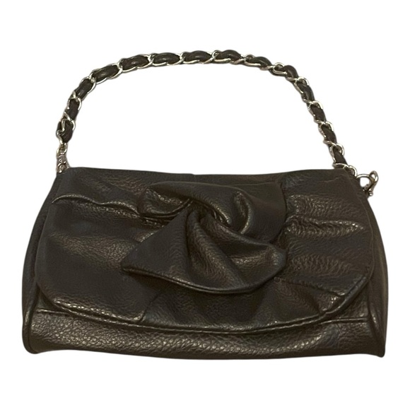 Black Pebbled Leather Mini Shoulder Bag Knot Detail Chain Strap Y2K Clutch (A) - Picture 2 of 10